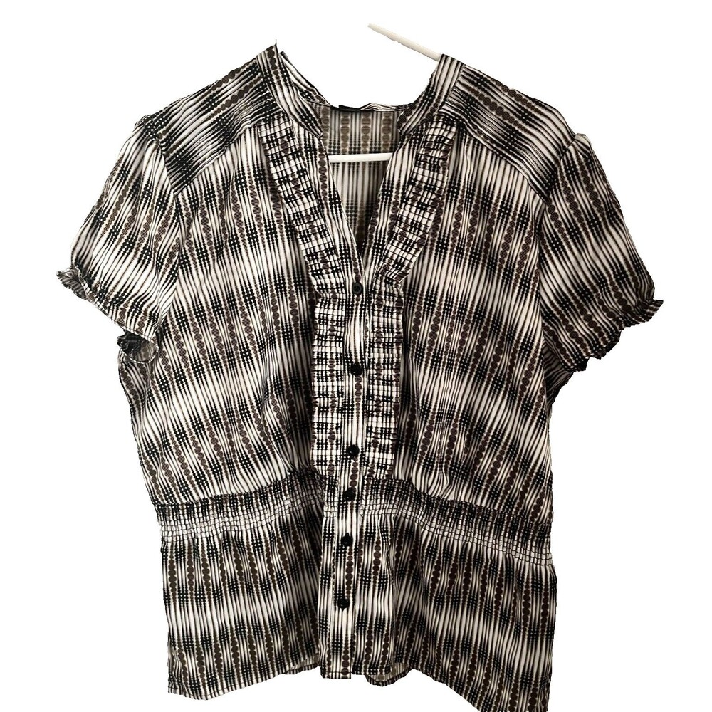 Womens Blouse EAST 5th Size XL Shirt Brown Short Sleeve Ruffle Button Vneck